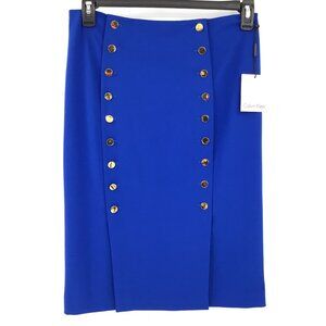 Calvin Klein Royal Blue Pencil Skirt Size 10 With Gold Button Accents Office